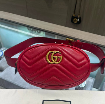 Pre-owned Gucci Marmont Matelasse Red Leather Belt Bag size 85 Style: 476434