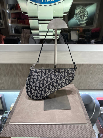 Vintage Dior Small Trotter Saddle shoulder Bag Black Diorissimo Jacquard