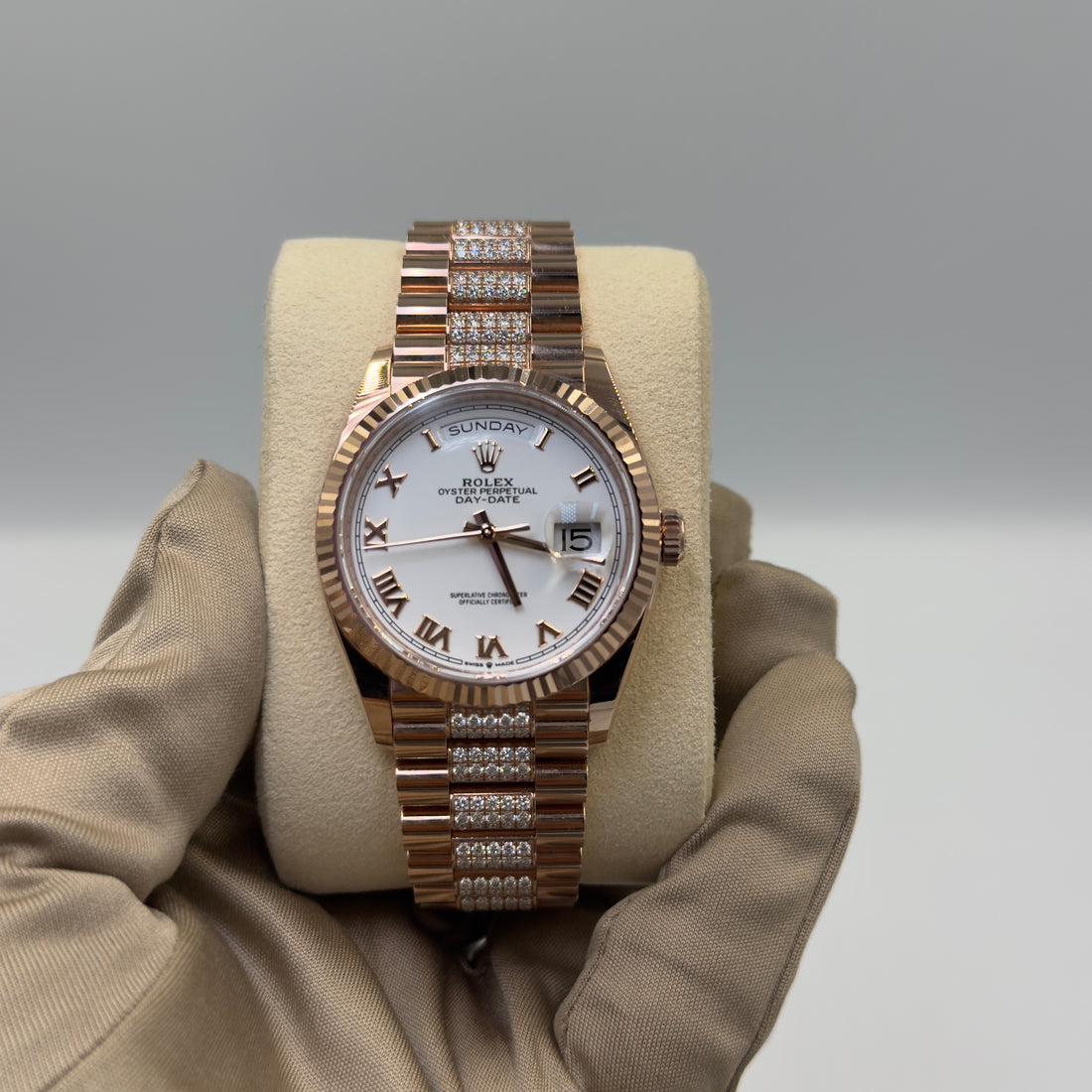 Unworn Rolex Oyster Perpetual Day-Date 36mm ref.128235 White Roman Dial on Diamond set President bracelet