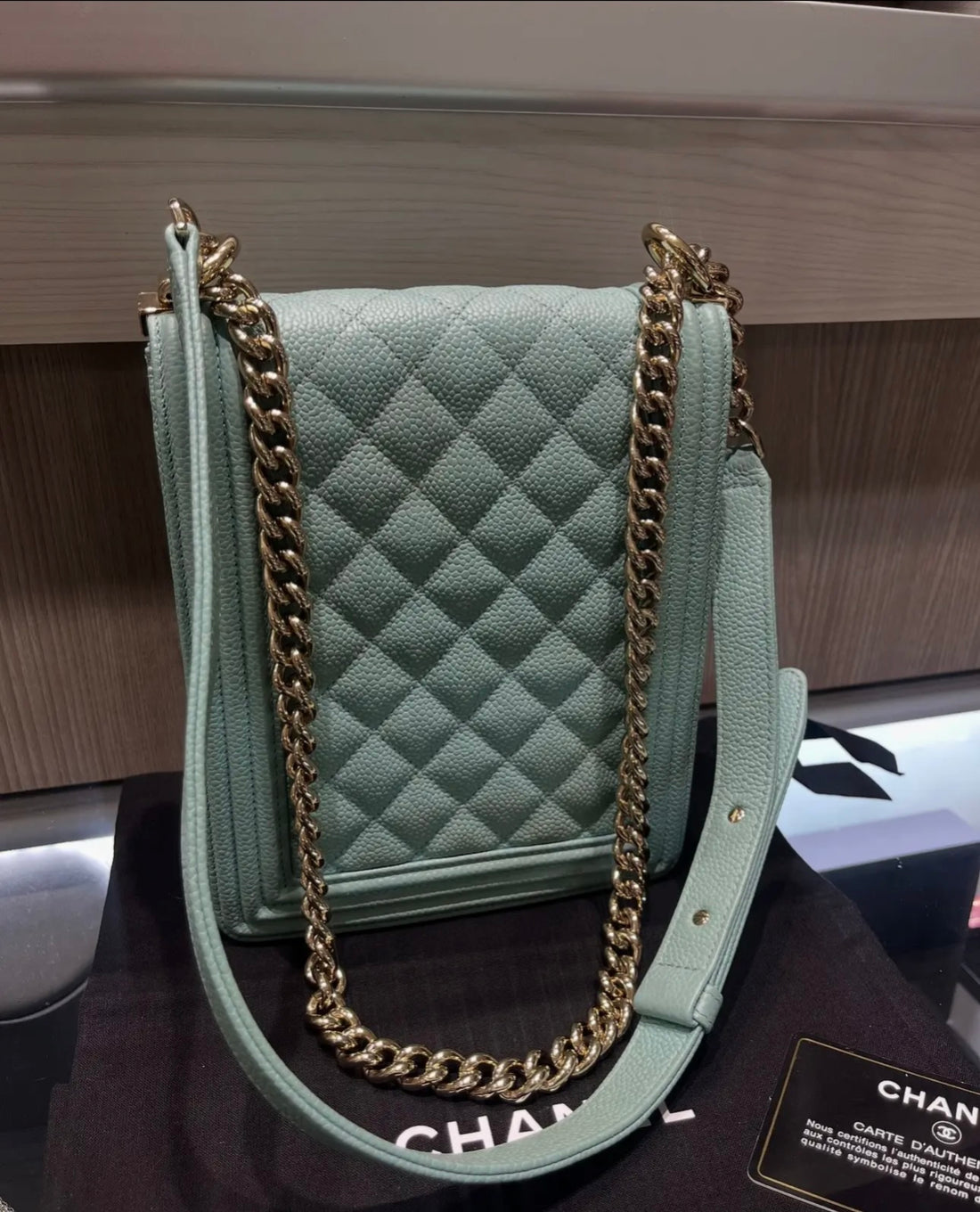 Pre-Owned Chanel Caviar Quilted North-South Boy Flap Bag in Light Blue GHW