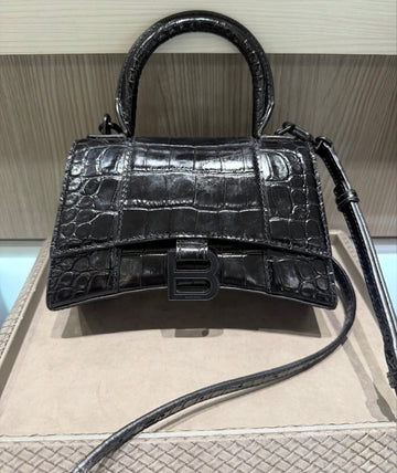 Pre-owned Balenciaga Shiny Calfskin Monochrome Crocodile Embossed Hourglass XS
