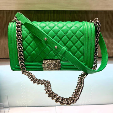 Pre-Owned Chanel Old Medium Boy Bag in Green Caviar SHW (2020 Collection)