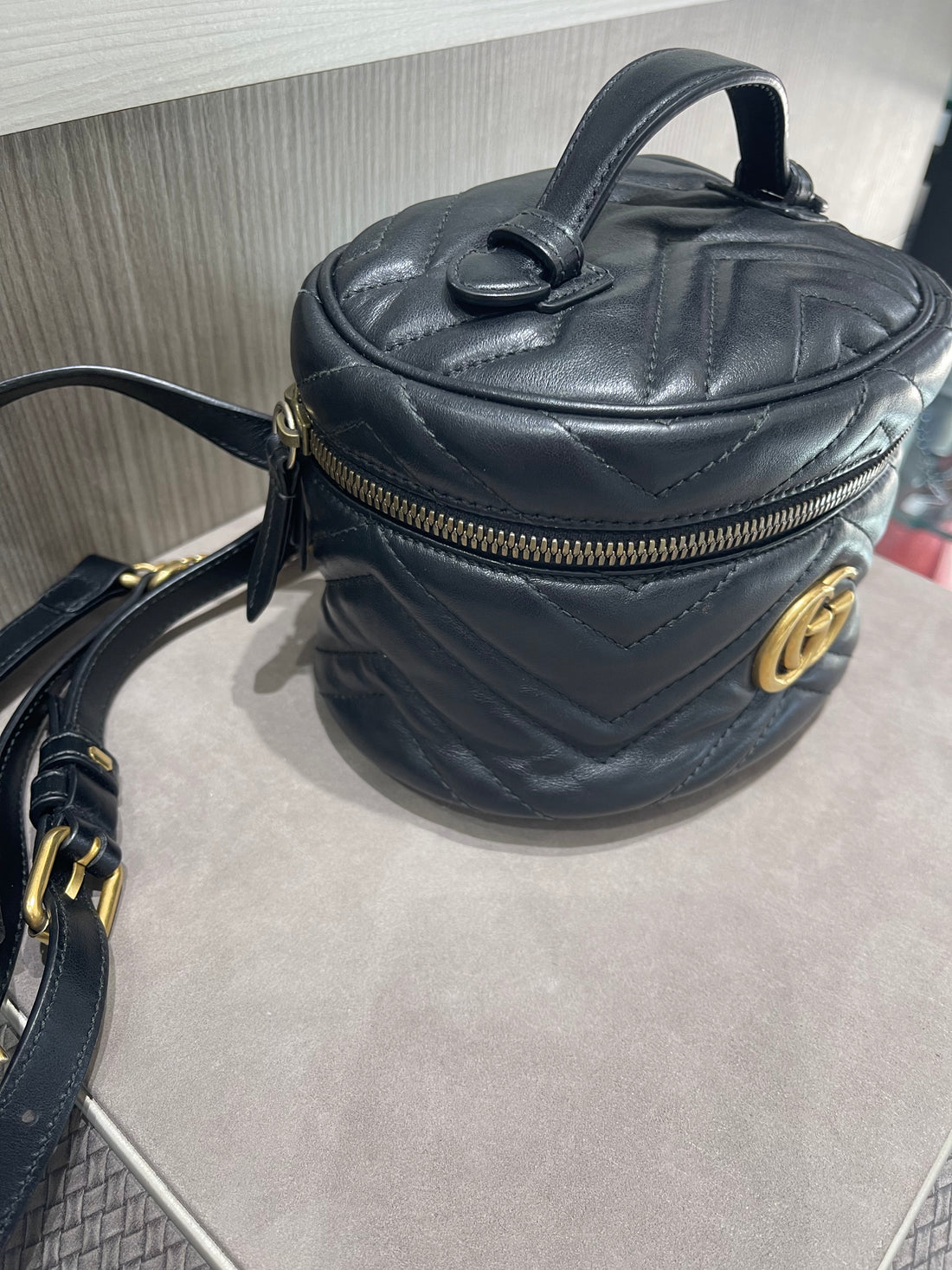 Pre-owned Gucci Mini GG Marmont Vanity Backpack in Black Matelassé Leather