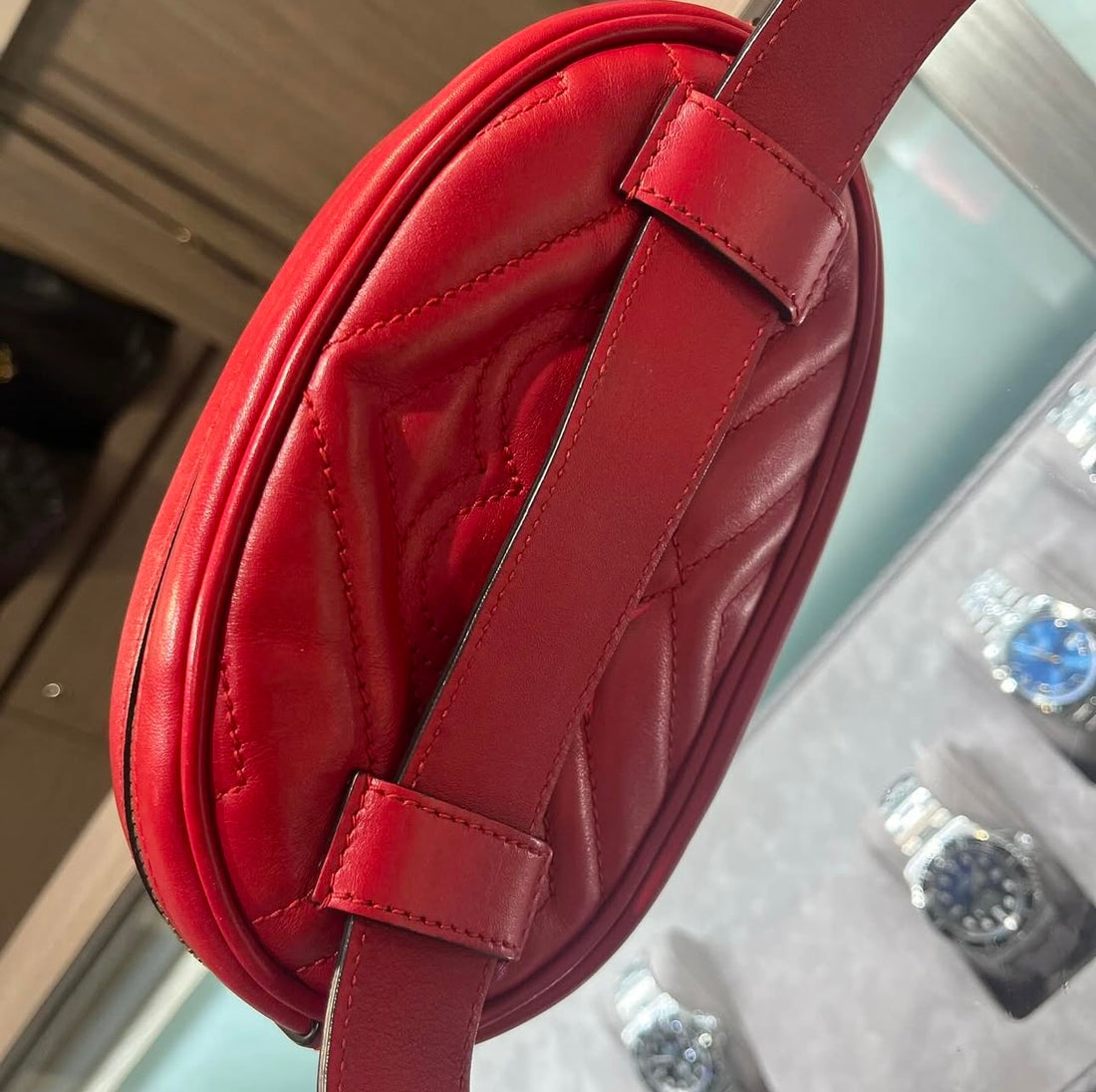 Pre-owned Gucci Marmont Matelasse Red Leather Belt Bag size 85 Style: 476434