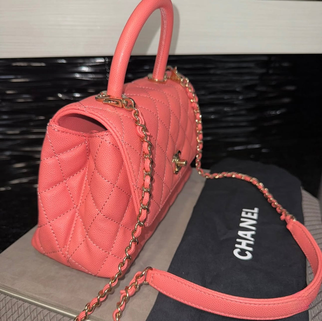 Pre-Owned Chanel Caviar Quilted Mini Coco Handle Flap in Coral