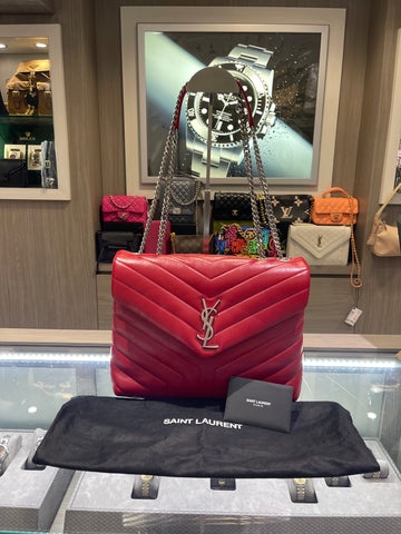 Pre-Owned Saint Laurent Medium LouLou Shoulder Bag – Red Matelassé Calfskin with Silver Hardware (2018 Collection)