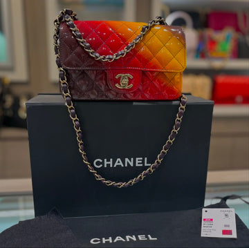 Pre-owned Chanel Mini Flap patent Multi color red yellow purple fire ombre with Tag duster (2023 Collection)