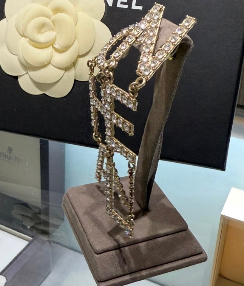 Pre-owned CHANEL Crystal CHA-NEL Logo Drop Earrings Gold (2021)
