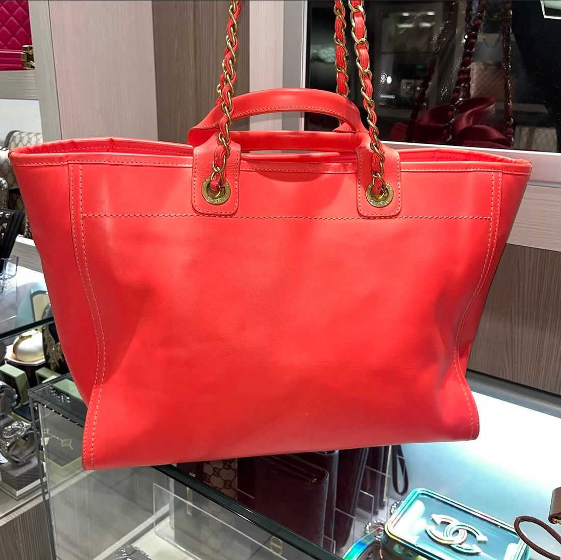 Pre-owned Chanel Coral Pink Deauville Tote Leather 31 series (2021 Collection) Aged Gold hardware