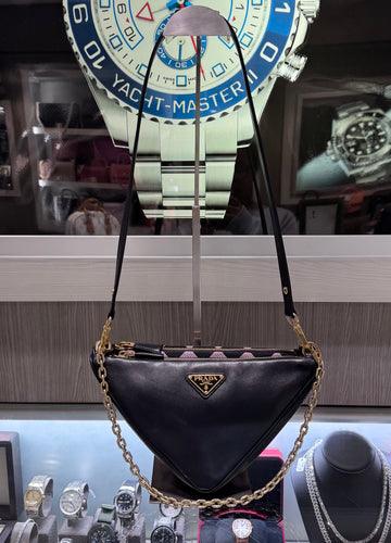 Pre-Owned Prada Double Symbole Triangle Mini Bag – Black Leather & Jacquard with Gold Hardware