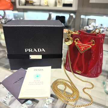 Pre-owned Prada Vernice Cherry Patent Leather Mini Pouch with Gold Chain