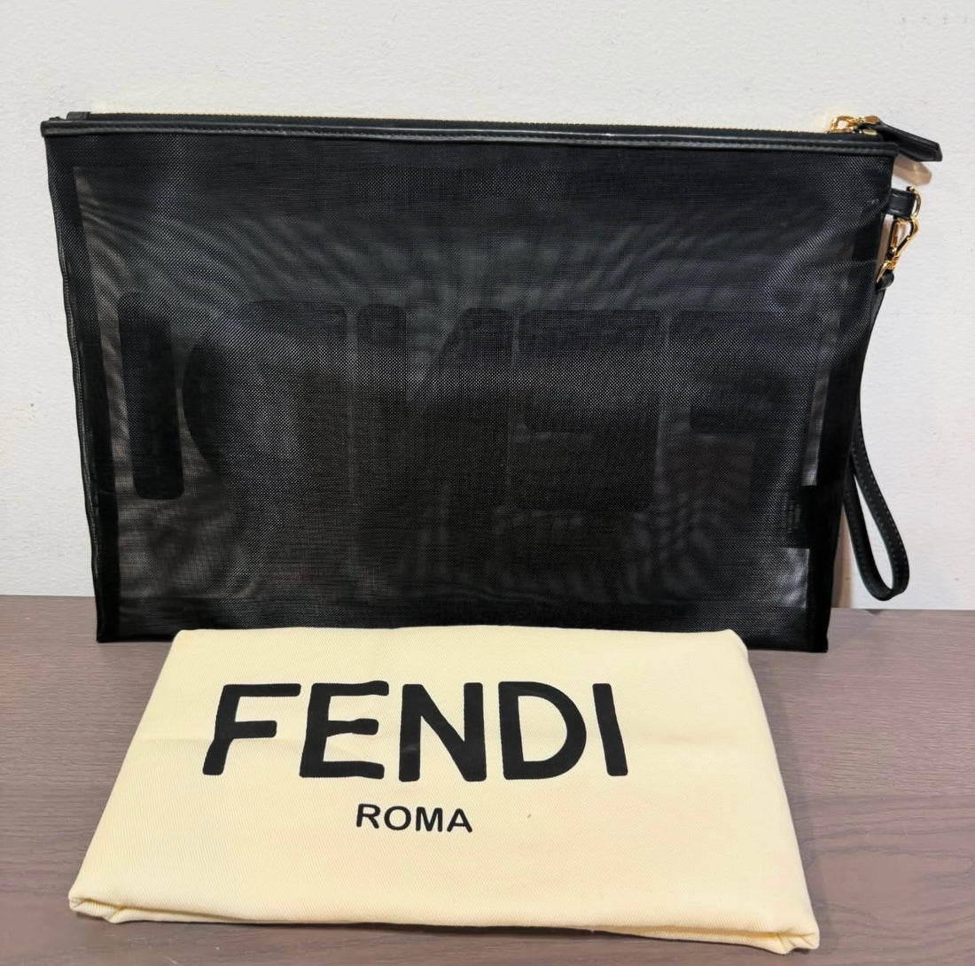 Unworn Fendi Mesh Pouch Black Leather w/duster