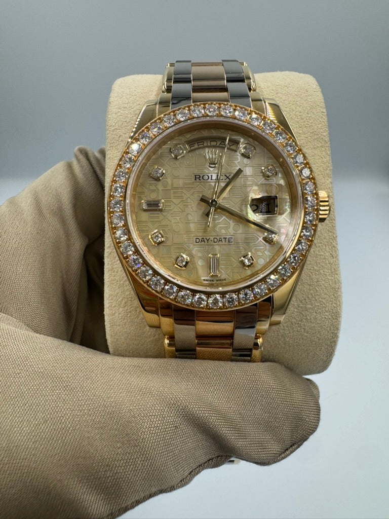 Unworn Rolex Day-Date Masterpiece 39mm ref.18948 Champagne Diamond MOP dial on Tridor Oyster Bracelet