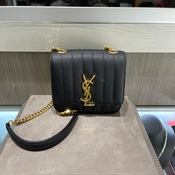 Pre-owned Saint Laurent Small Vicky Chain Bag in Black Grain de Poudre Matelassé Leather