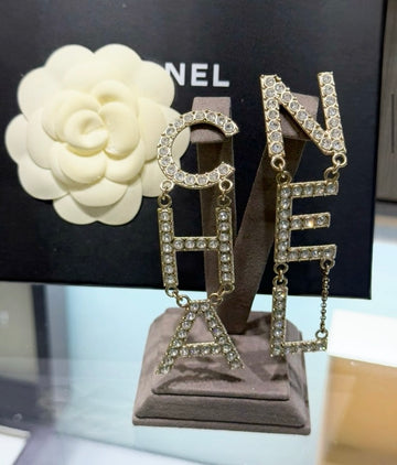 Pre-owned CHANEL Crystal CHA-NEL Logo Drop Earrings Gold (2021)