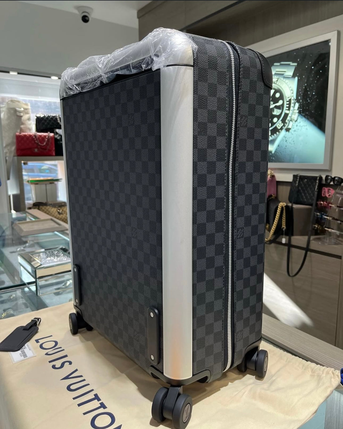 Unworn Louis Vuitton Horizon 55 Suitcase in Monogram Macassar