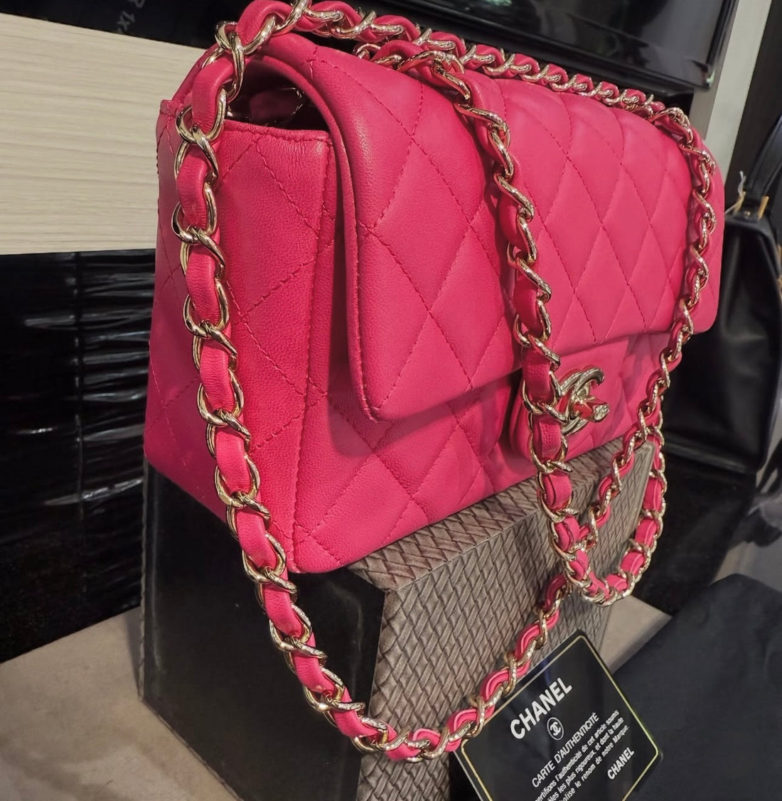 Pre-Owned Chanel Classic Mini Rectangular Quilted Flap Bag in Pink Lambskin with Gold Hardware