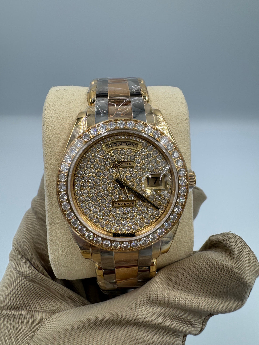 Unworn Rolex Day-Date Masterpiece 39mm ref.18948 Paved Diamond Dial on Tridor Oyster Bracelet