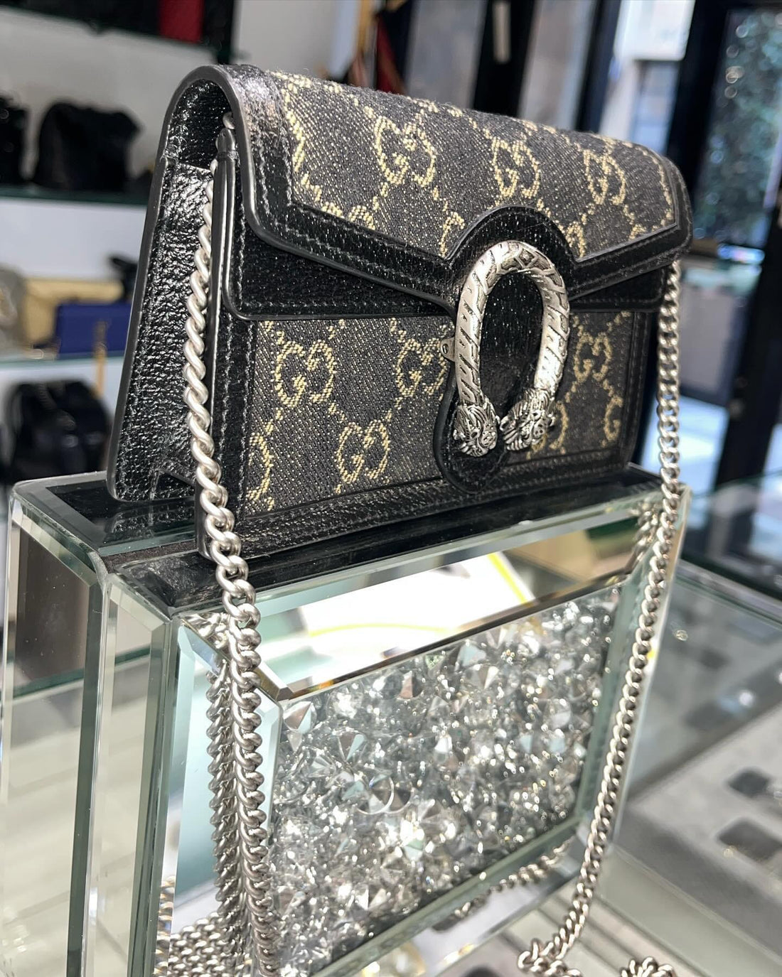 Pre-Owned Gucci Black Denim (Limited Release) GG Monogram Super Mini Dionysus Shoulder Bag Style: 476432
