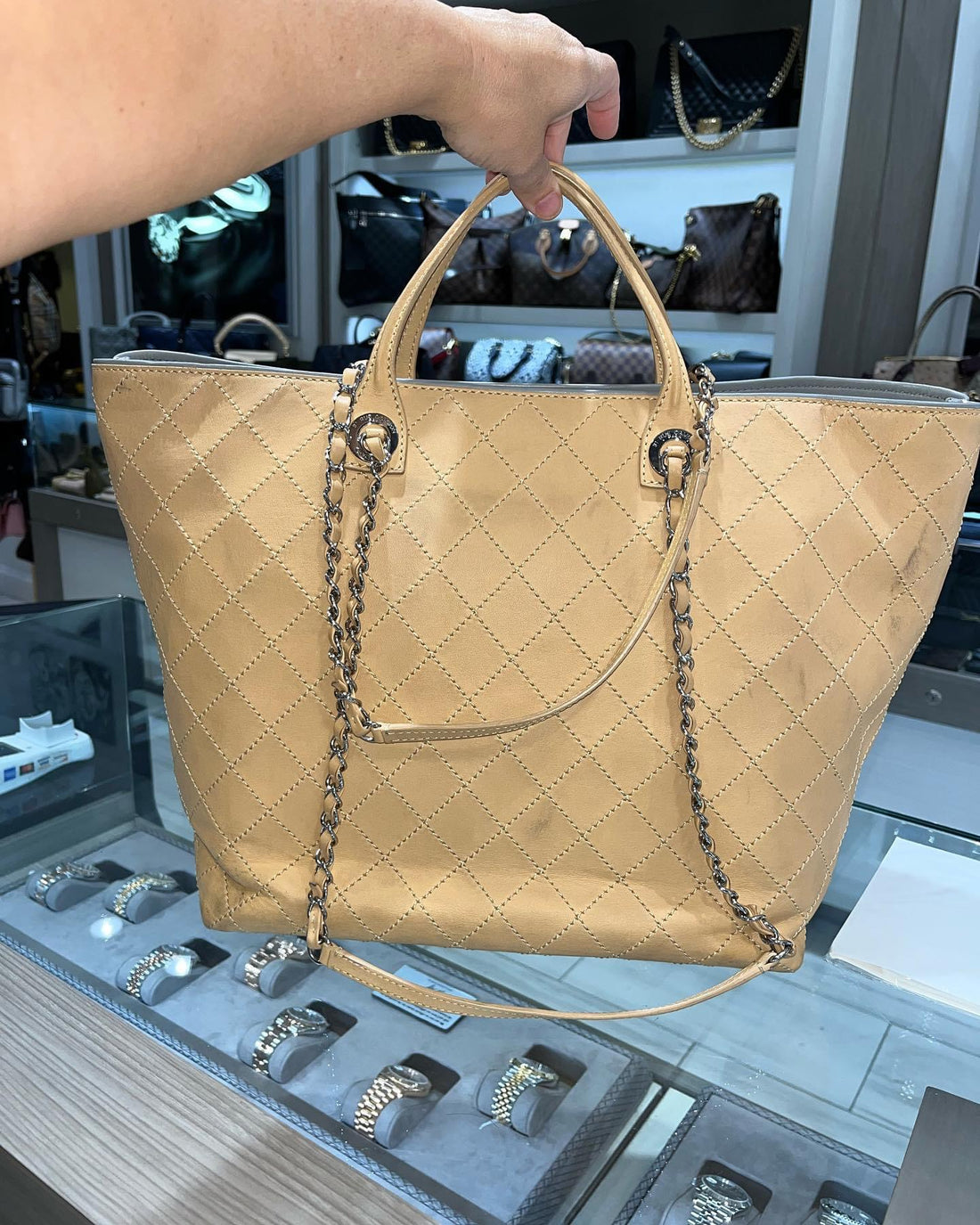 Pre-owned Chanel Tan Beige Large Tote Whipstitch with card (2018)