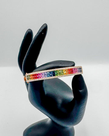 Ladies Multi-row Rainbow Sapphire Baguette and Diamond Rose Gold Bracelet/Bangle