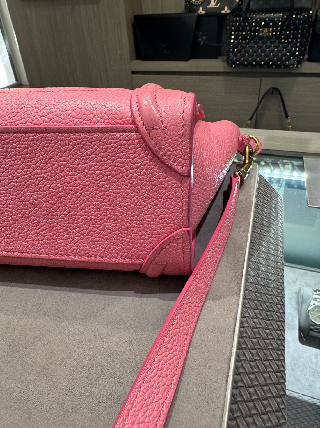 Pre-owned Celine Nano Luggage Tote Flamingo Pink with strap