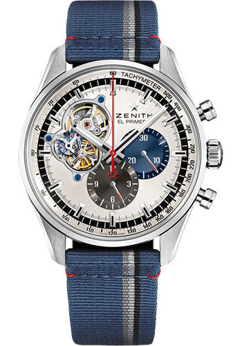 Zenith Chronomaster El Primero Open Watch - Steel - Silver Dial - Blue Fabric Strap - 03.2040.4061/69.C802