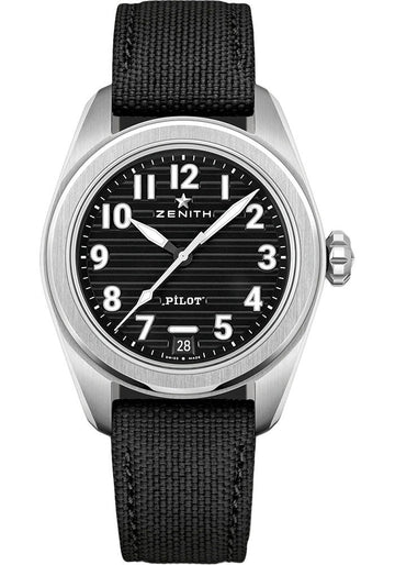 Zenith Pilot Automatic Watch - 40 mm Steel Case - Black Dial - Black Cordura Effect Strap - 03.4000.3620/21.I001