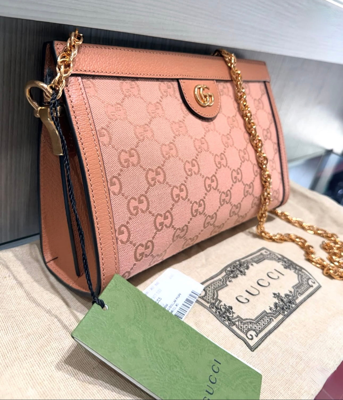 Pre-owned Gucci Ophidia Structured Shoulder Bag in Pink GG Canvas (Style #503877)
