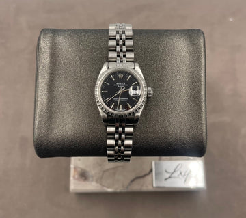 Pre-owned Rolex Ladies-Datejust 26mm Ref. 69240 Factory Black Index Dial Steel bezel on Jubilee, E serial (1990), w/Box & Papers