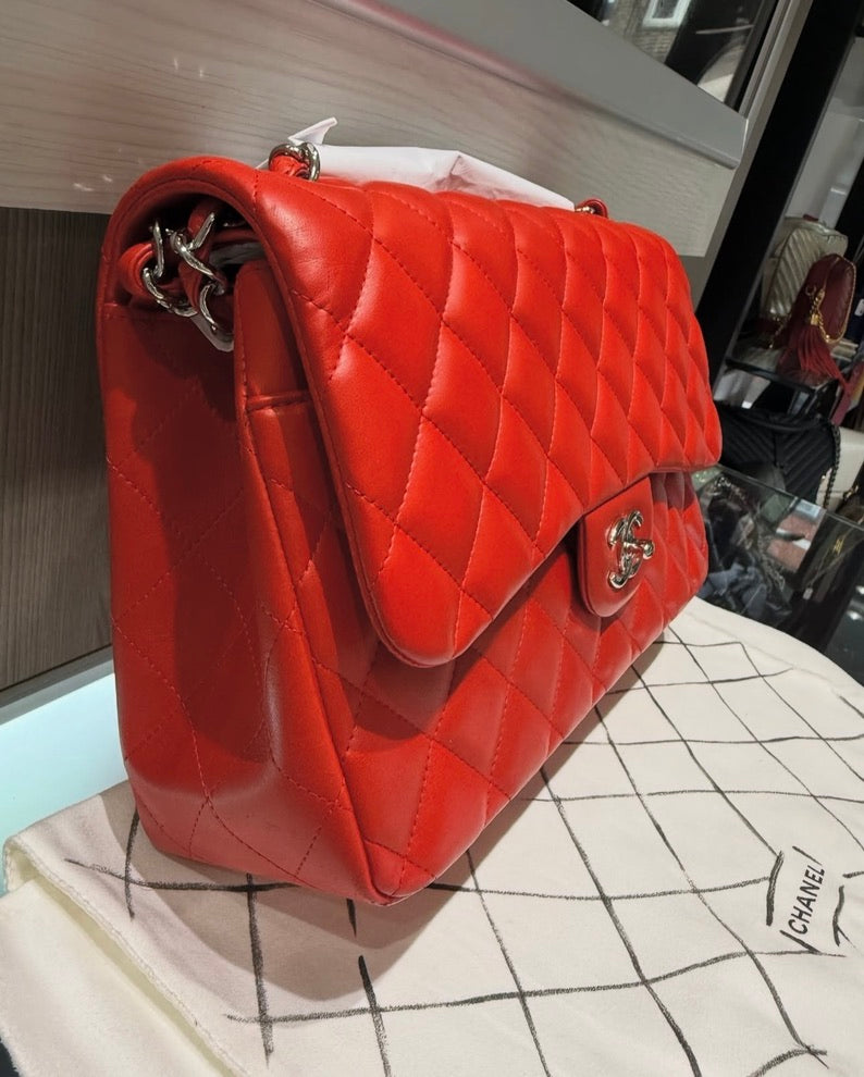 Pre-Owned Chanel Lambskin Quilted Jumbo Double Flap in Cayenne Red with Silver Hardware