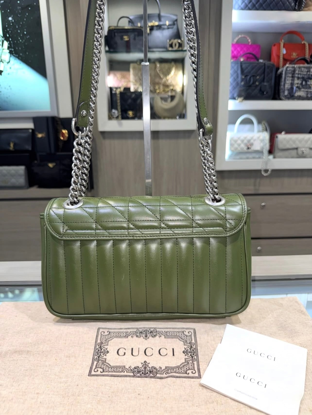 Pre-owned Gucci GG Marmont Matelasse Shoulder Bag in Army Green