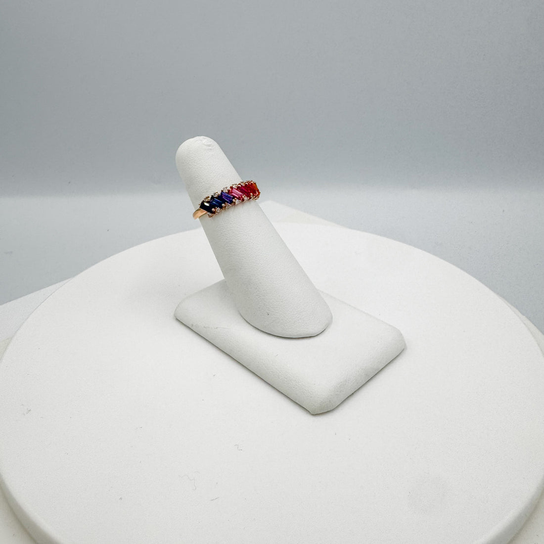 Ladies Rainbow Sapphire Baguette & Diamond Rose Gold Ring size 6.5