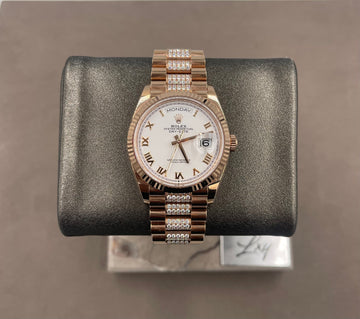 Unworn Rolex Men's Day-Date 36mm ref.128235 White Roman Dial Fluted Bezel on a Factory Diamond Presidential Bracelet w/Box & Card (2022)