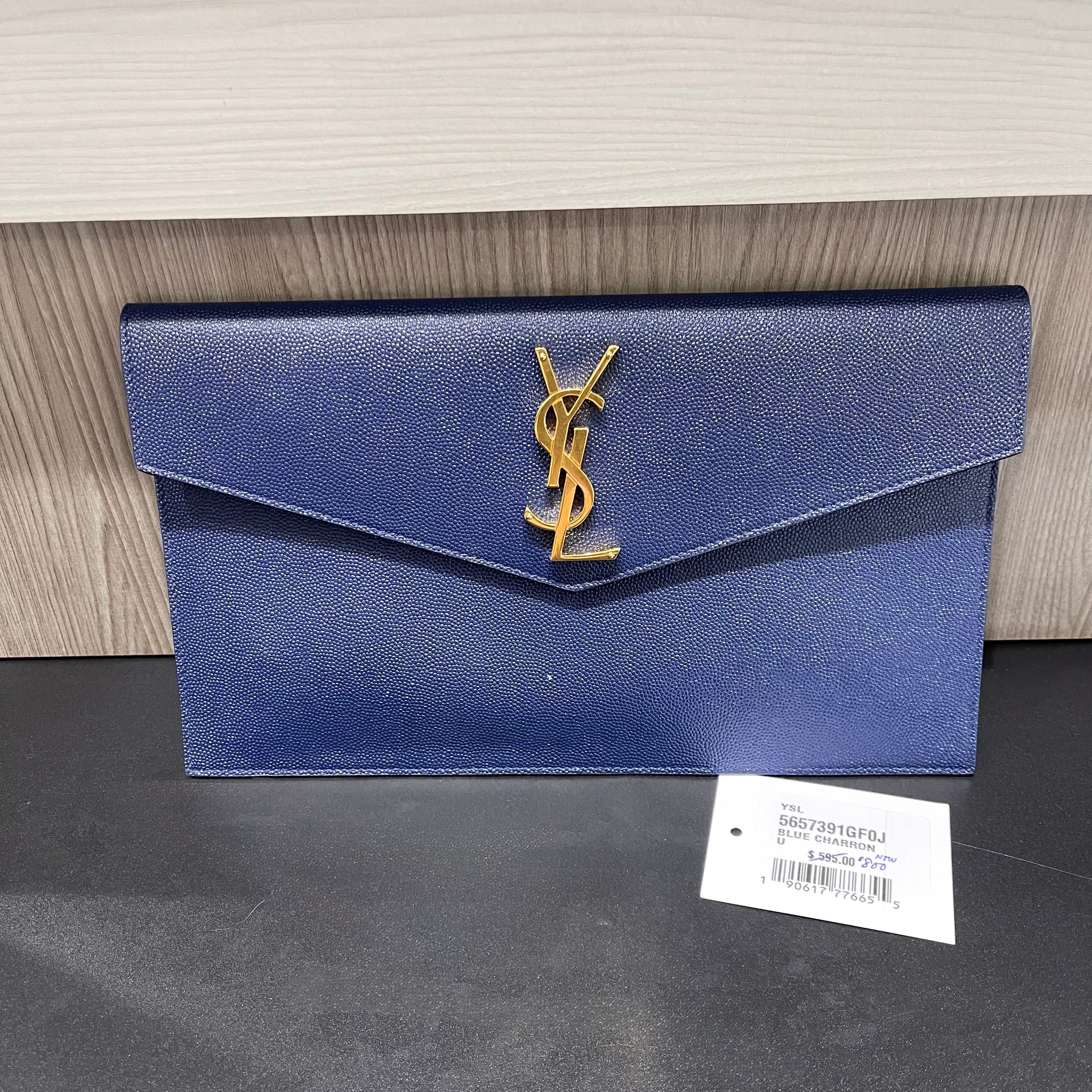 Pre-owned YSL Saint Laurent Uptown Pouch in Blue Charron grain de poudre calfskin leather