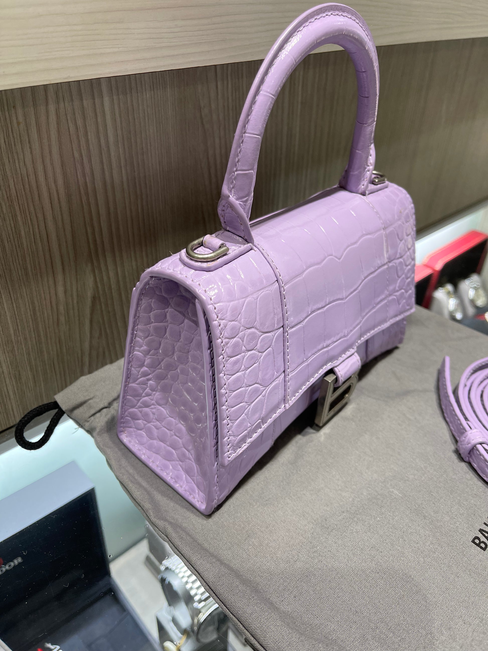 Pre-owned Balenciaga XS Hourglass Croc Light Lilac Purple Crossbody Bag