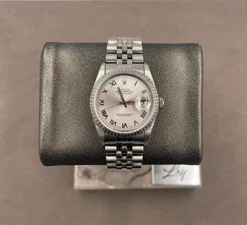 Pre-owned Rolex Men's Datejust 36mm ref.16220 Silver Roman Dial Fluted Bezel on Jubilee F Serial w/Box