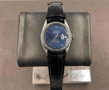 Pre-owned Rolex Men's Datejust 36mm ref.1601 Blue Index Dial Fluted Bezel on Leather Strap (1966) w/Box