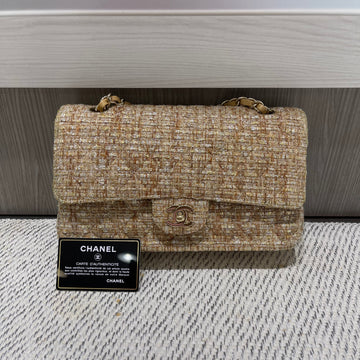 Pre-owned Chanel Vintage Tweed Gold Medium Classic Double Flap w/ GHW (2005–2006)