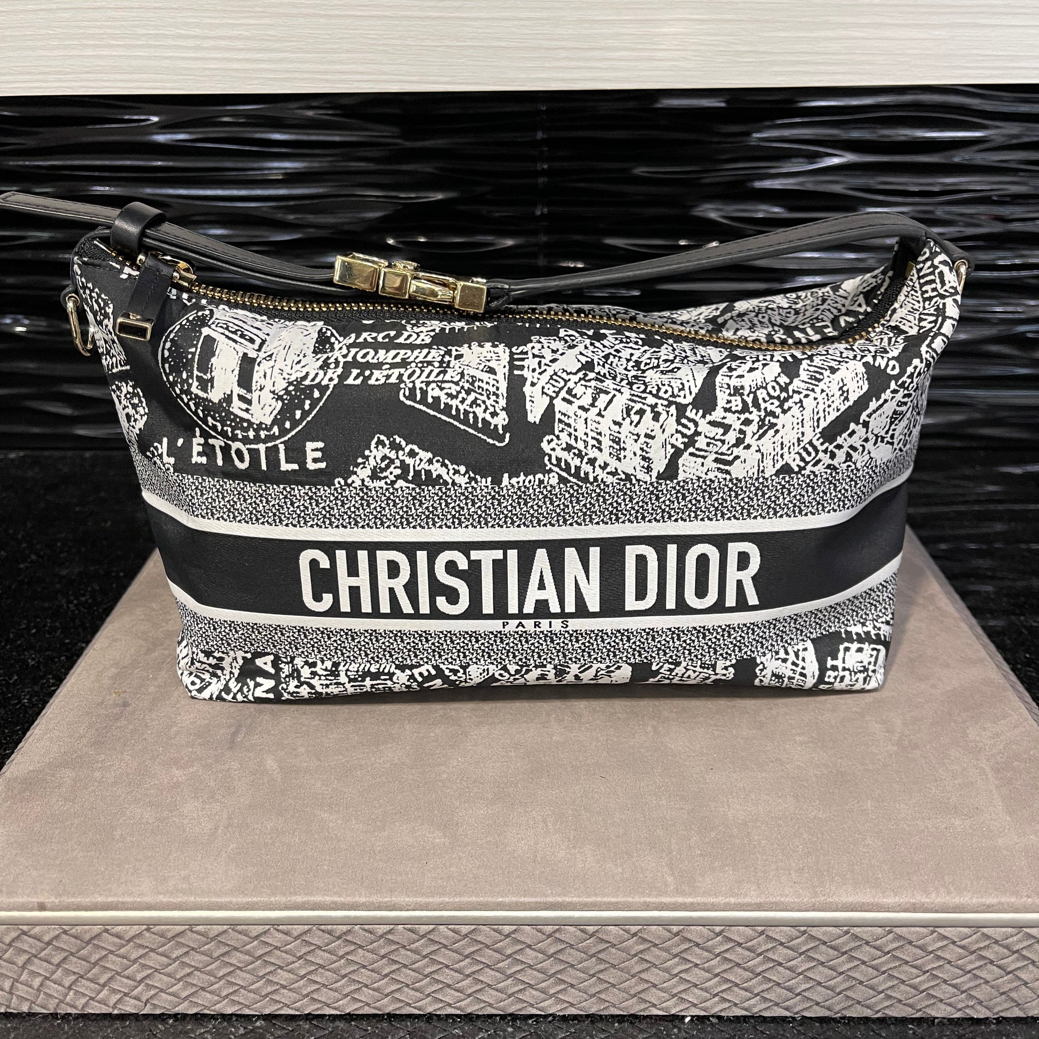 Pre-owned Dior Medium Travel Nomad Pouch Black Toile de Jouy Reverse Technical fabric in black