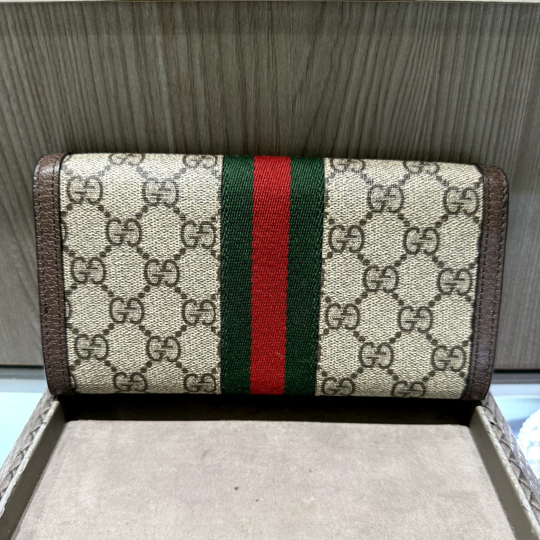 Pre-owned Gucci Ophidia GG Supreme Continental Wallet Brown with Red/Green Web