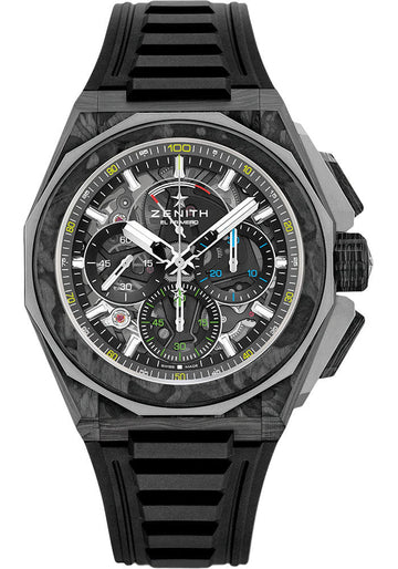 Zenith Defy Extreme Carbon Watch - 45 mm Carbon And Ti Case - Tinted Sapphire Dial - Black Rubber Strap - 10.9100.9004/22.I200