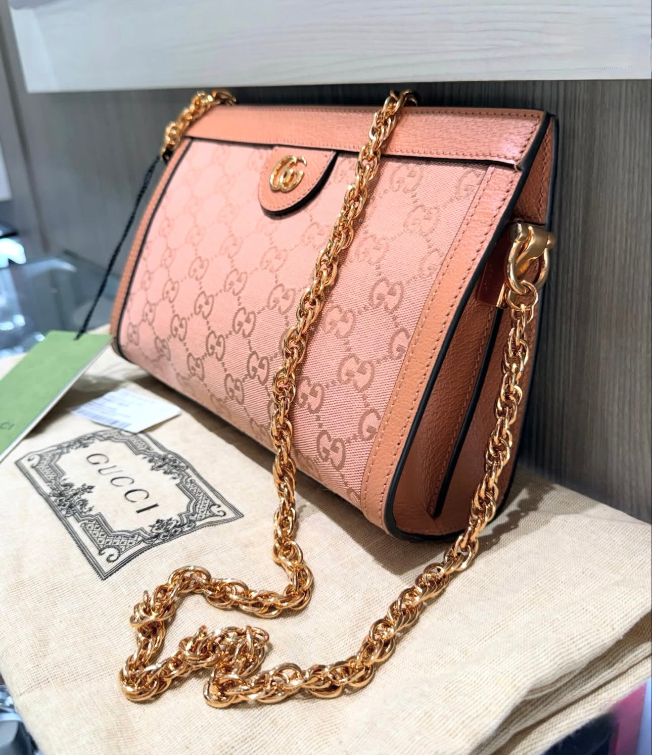 Pre-owned Gucci Ophidia Structured Shoulder Bag in Pink GG Canvas (Style #503877)
