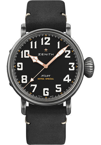 Zenith Pilot Type 20 Ton Up Watch - Aged Steel - Black Dial - Black Oily Nubuck Strap - 11.2432.679/21.C900