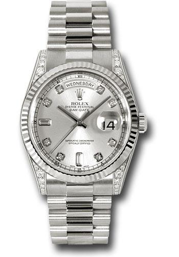 Rolex White Gold Day-Date 36 Watch - Fluted Bezel - Silver Diamond Dial - President Bracelet - 118339 sdp