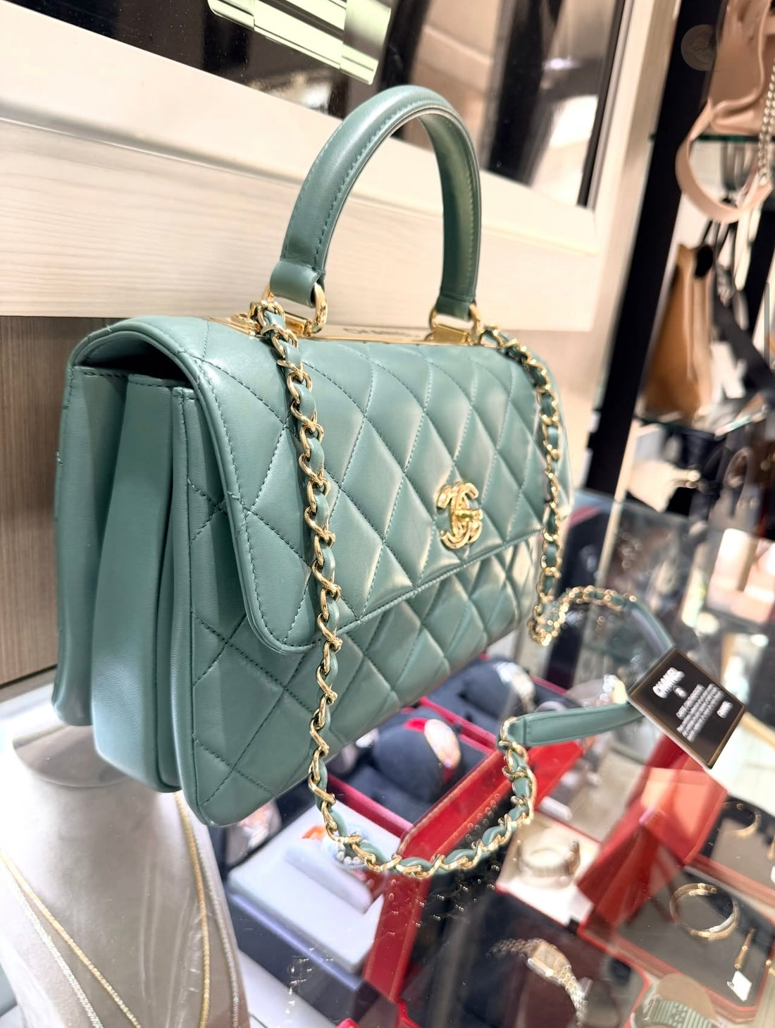 Pre-Owned Chanel Large Trendy CC Top Handle Bag Dark Sage Green Lambskin (2019)