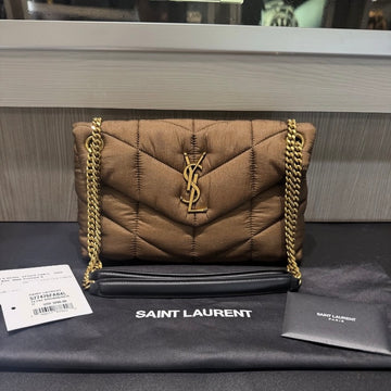 Unworn YSL Saint Laurent Nylon Small Puffer Tetra Brown Antique Gold Hardware