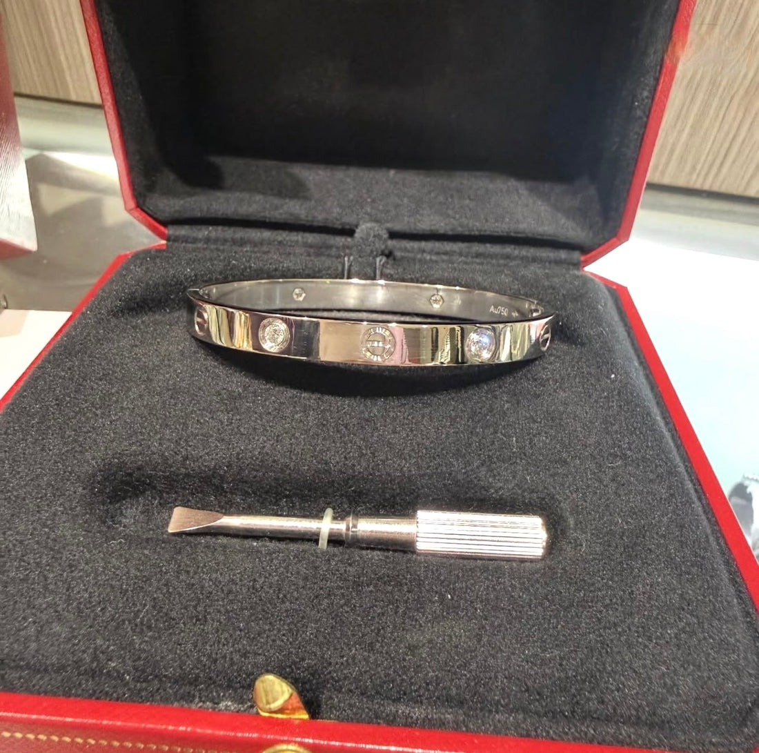 Pre-owned Cartier Love Bracelet Classic Model 4 Diamonds, 18K White Gold, Size 17