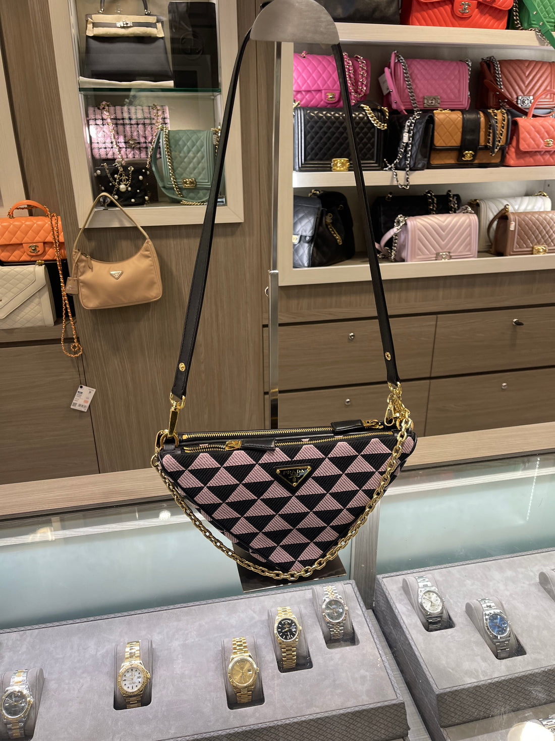 Pre-Owned Prada Double Symbole Triangle Mini Bag – Black Leather & Jacquard with Gold Hardware