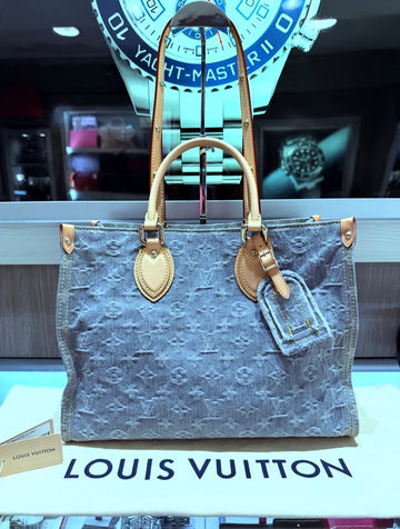 Pre-owned Louis Vuitton OnTheGo MM Monogram Denim Washed Gray Tote